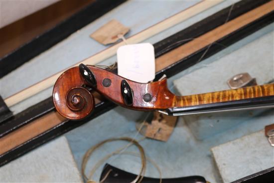 A 19th century violin with makers label C Nicholson of Leith, Edinburgh , cased with bow